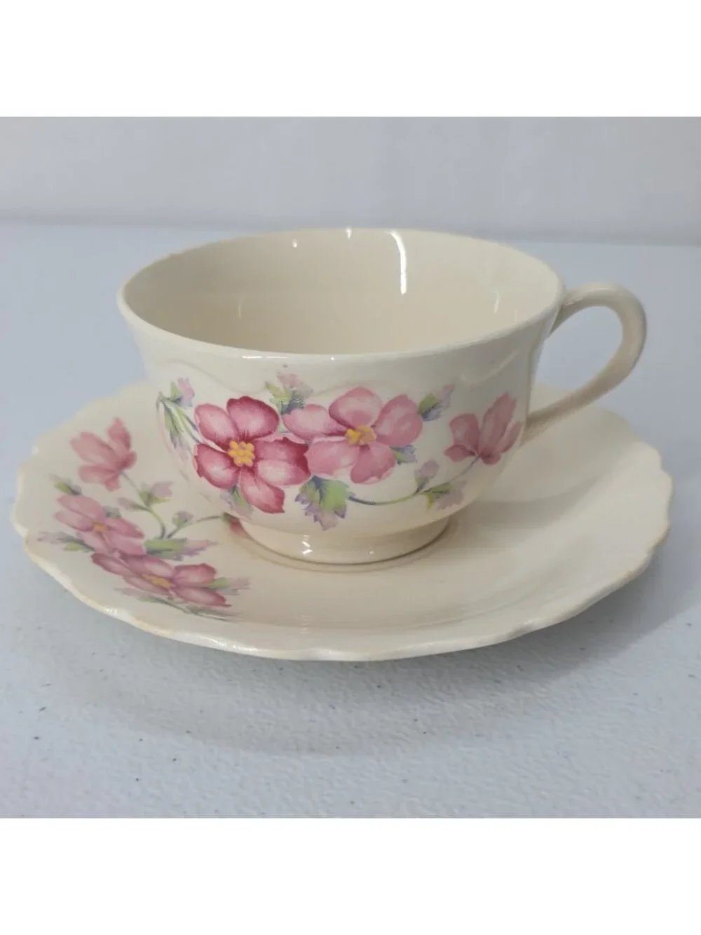Vtg Keystone Canonsburg Pottery Co Pink Floral Tea Cup & Saucer 1950s Feminine